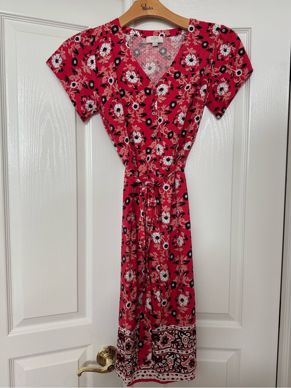 LOFT Red Floral Midi Wrap Dress